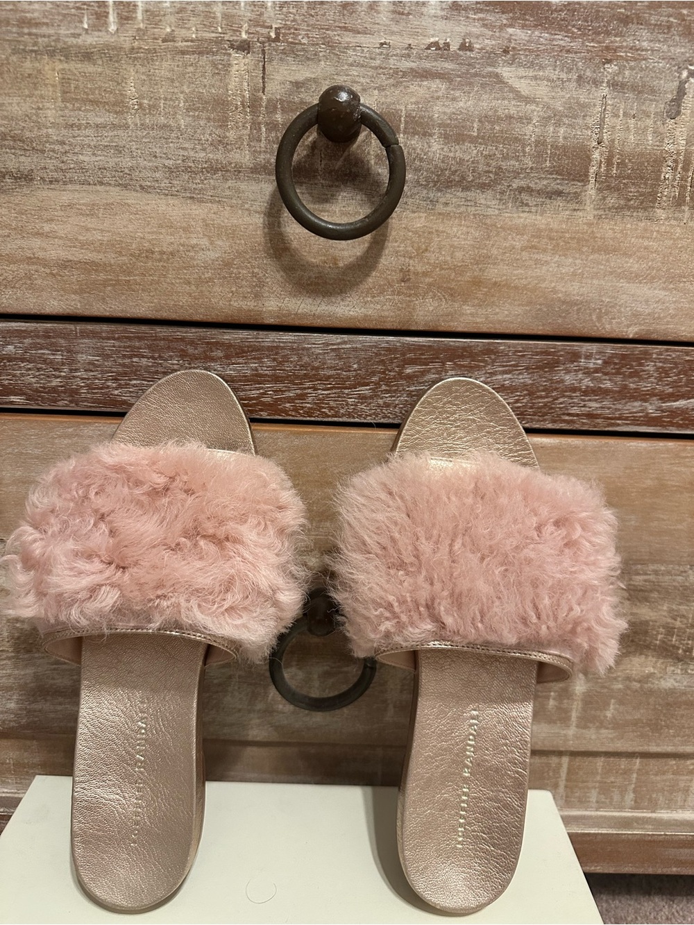 Loeffler Randall pink gold slide sandals
